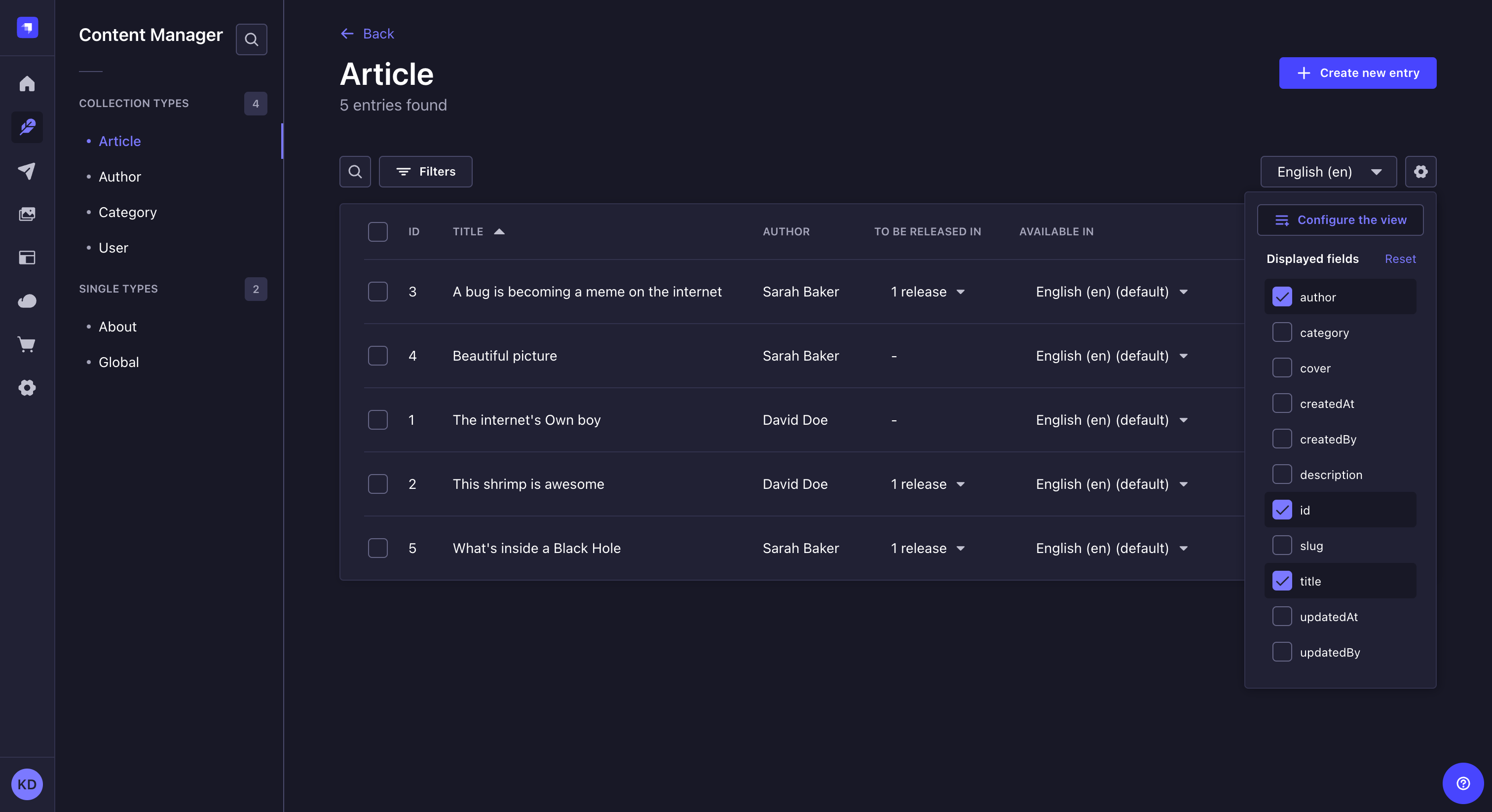 Displayed fields in the settings of a list view in the Content Manager