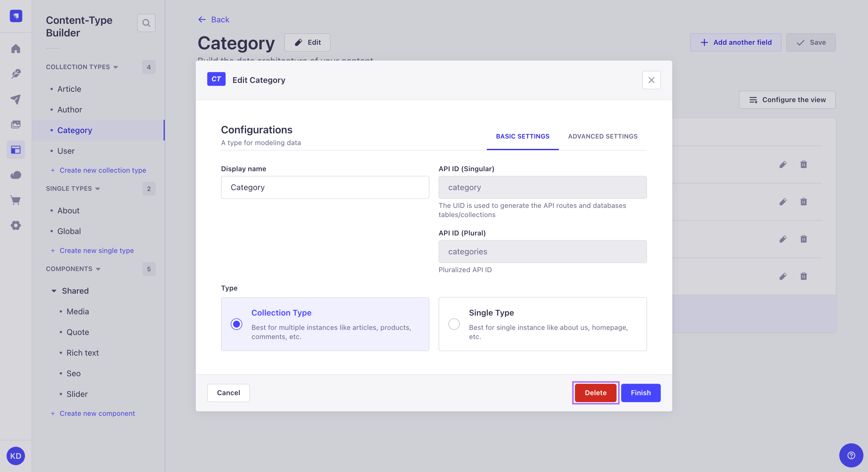 Deletion of content type in Content-type Builder