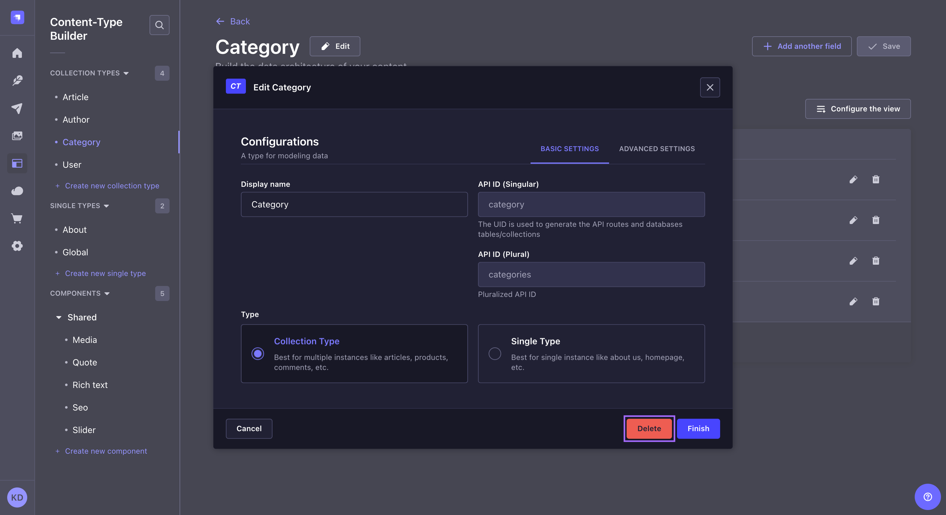 Deletion of content type in Content-type Builder